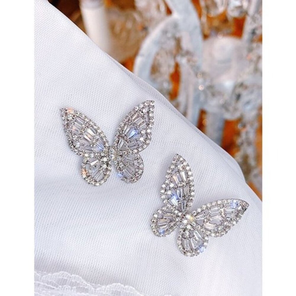Silver CZ Rhinestone Butterfly Earrings BLING SPARKLE CUTE GIFT Bling Nature